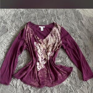 Roxy Plum Long Sleeve V-Neck Top with Cream Floral Panel